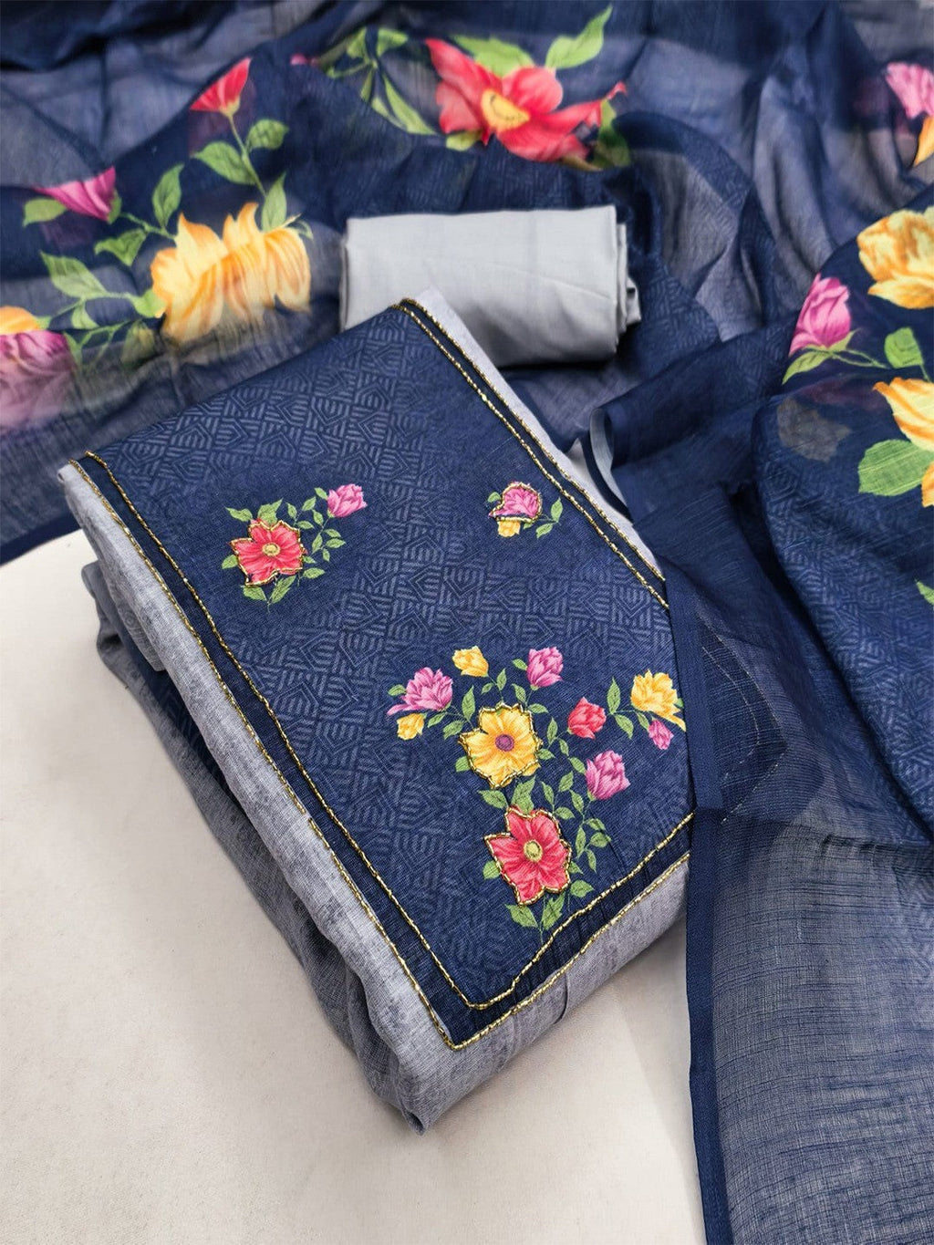 Designer Grey & Navy Blue Floral Print Linen Cotton Dress Material Adorned With Khatli Beads Work