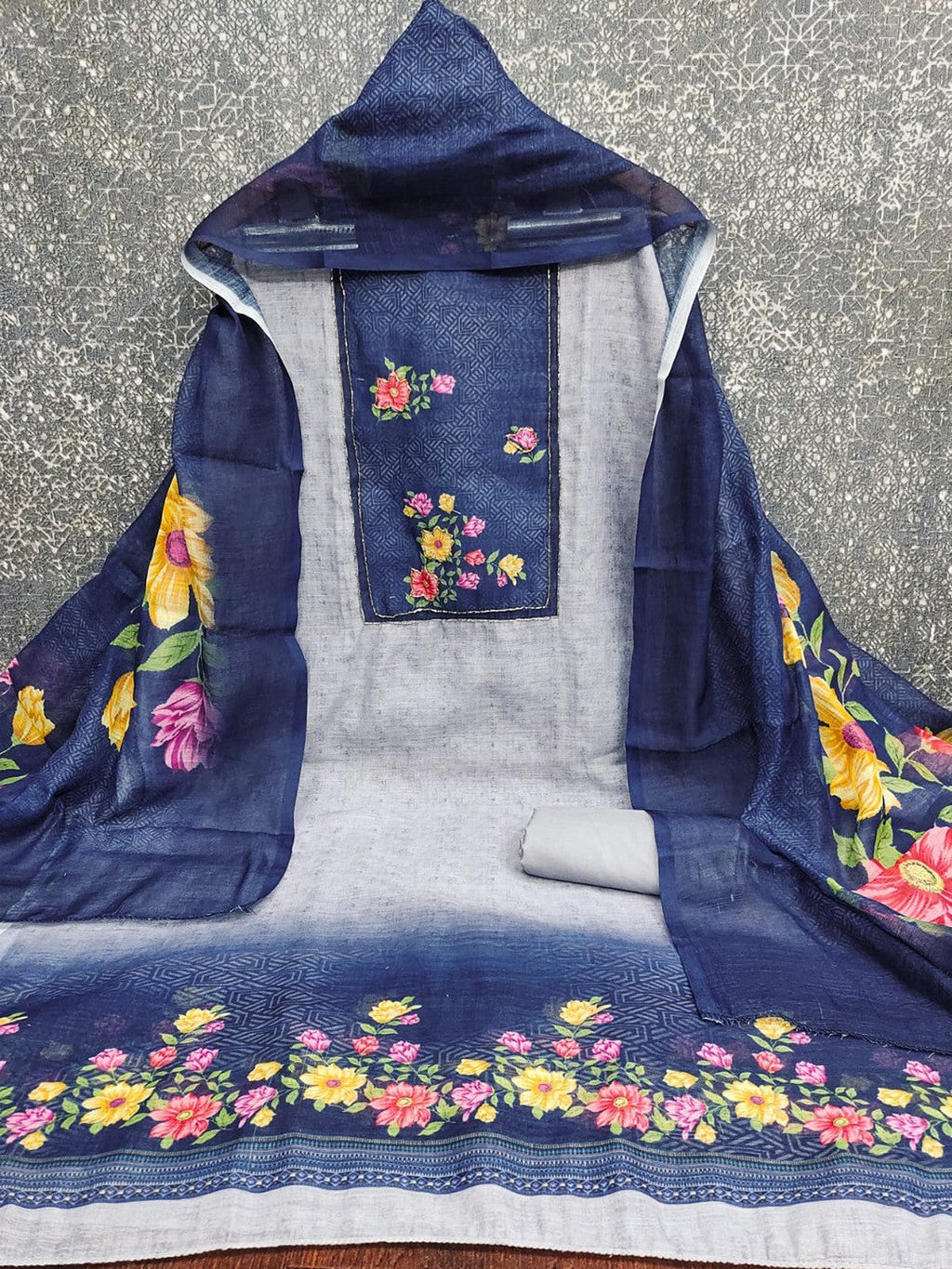 Designer Grey & Navy Blue Floral Print Linen Cotton Dress Material Adorned With Khatli Beads Work