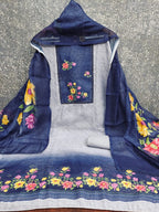 Designer Grey & Navy Blue Floral Print Linen Cotton Dress Material Adorned With Khatli Beads Work
