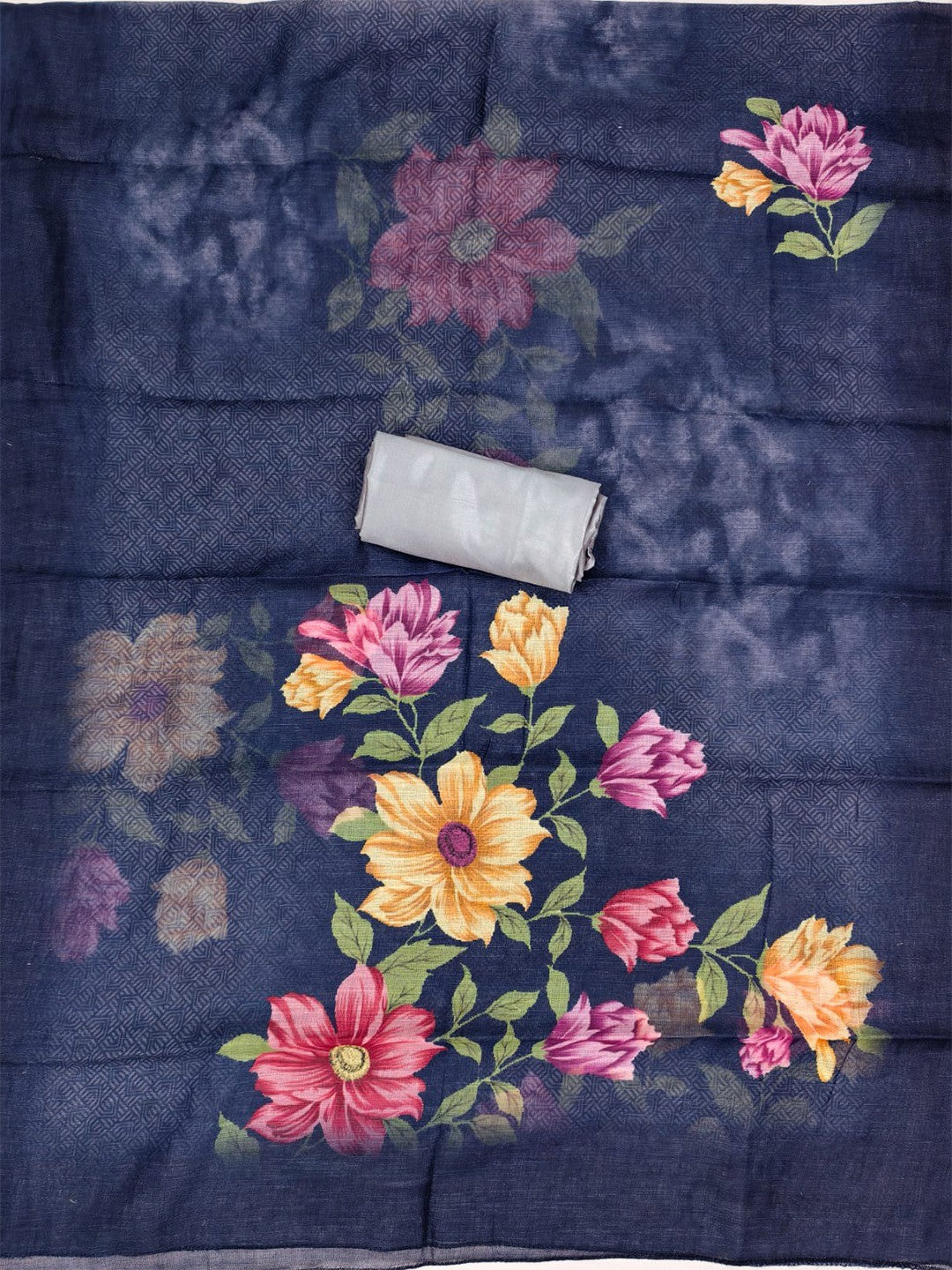 Designer Grey & Navy Blue Floral Print Linen Cotton Dress Material Adorned With Khatli Beads Work