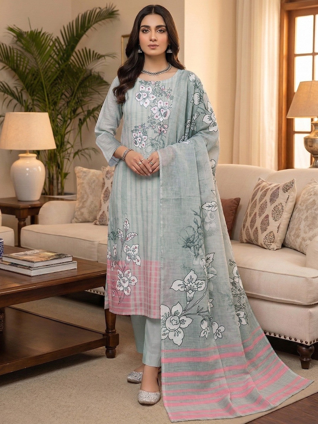 Graceful Grey Floral Digital Printed Linen Cotton Dress Material With Khatli & Mirror Work