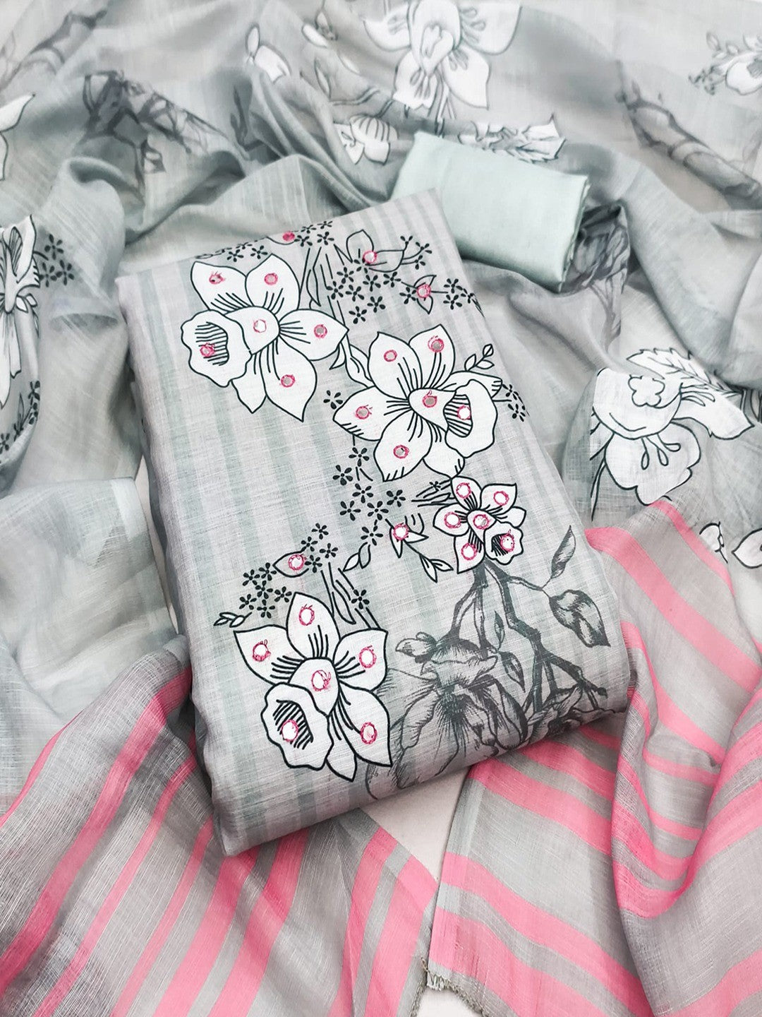 Graceful Grey Floral Digital Printed Linen Cotton Dress Material With Khatli & Mirror Work