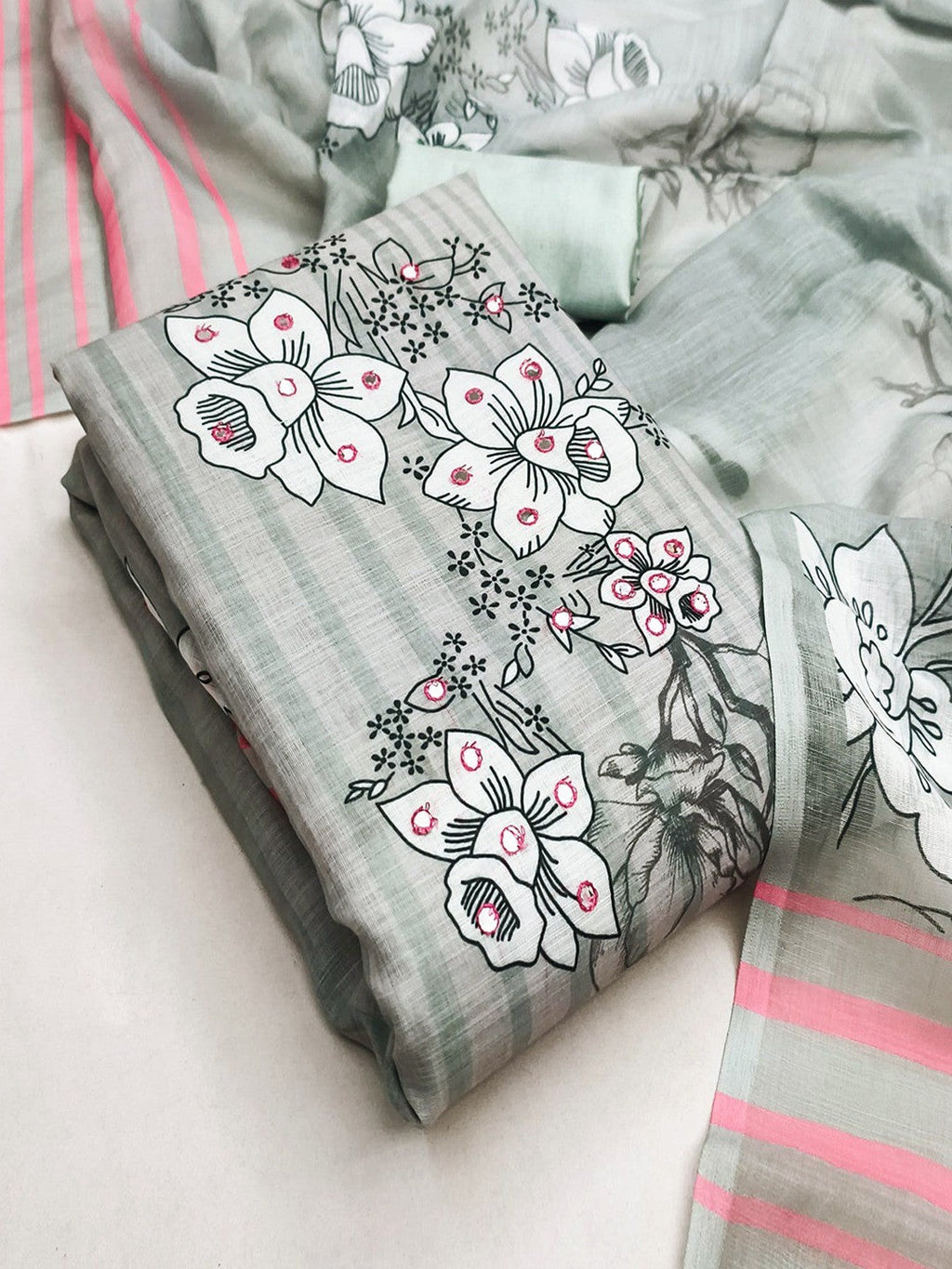 Graceful Grey Floral Digital Printed Linen Cotton Dress Material With Khatli & Mirror Work