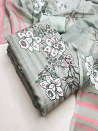 Graceful Grey Floral Digital Printed Linen Cotton Dress Material With Khatli & Mirror Work