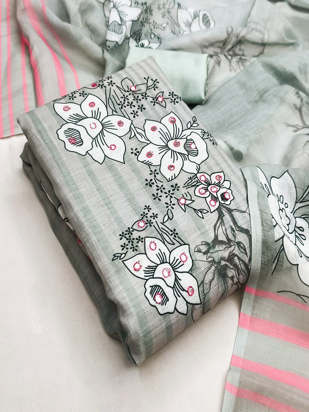 Graceful Grey Floral Digital Printed Linen Cotton Dress Material With Khatli & Mirror Work