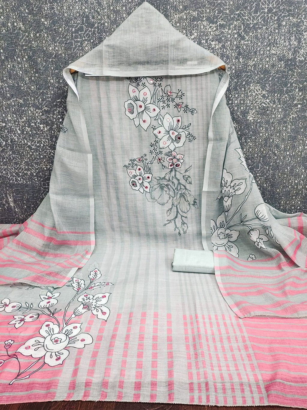 Graceful Grey Floral Digital Printed Linen Cotton Dress Material With Khatli & Mirror Work
