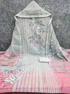 Graceful Grey Floral Digital Printed Linen Cotton Dress Material With Khatli & Mirror Work