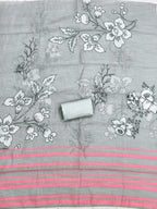 Graceful Grey Floral Digital Printed Linen Cotton Dress Material With Khatli & Mirror Work
