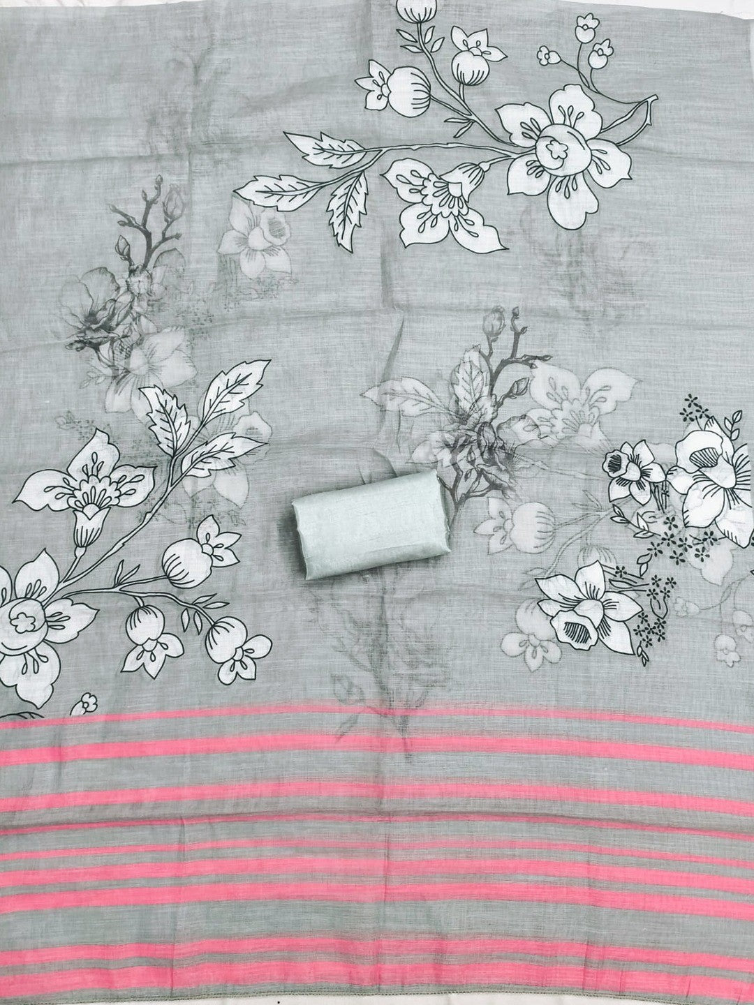 Graceful Grey Floral Digital Printed Linen Cotton Dress Material With Khatli & Mirror Work
