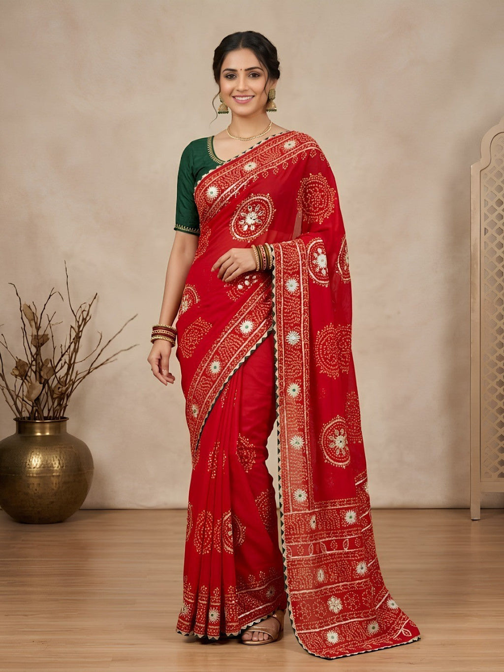 Red Vichitra Silk Saree with Bandhani Design and Gota Work Traditional Look