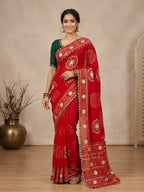 Red Vichitra Silk Saree with Bandhani Design and Gota Work Traditional Look