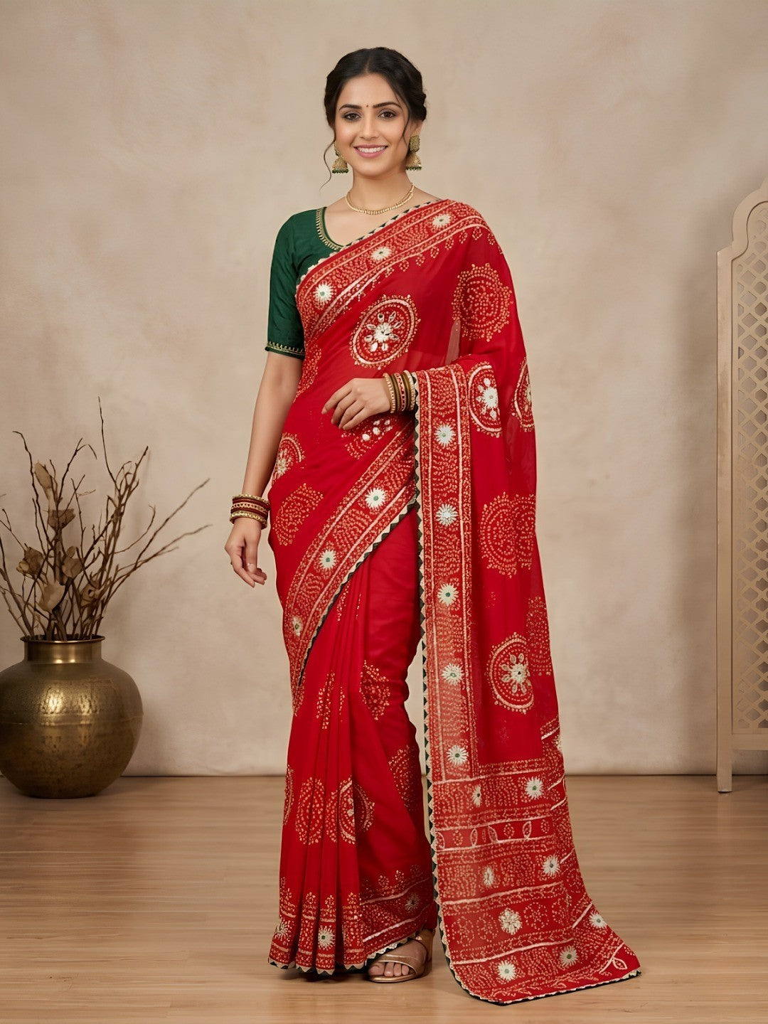 Red Vichitra Silk Saree with Bandhani Design and Gota Work Traditional Look