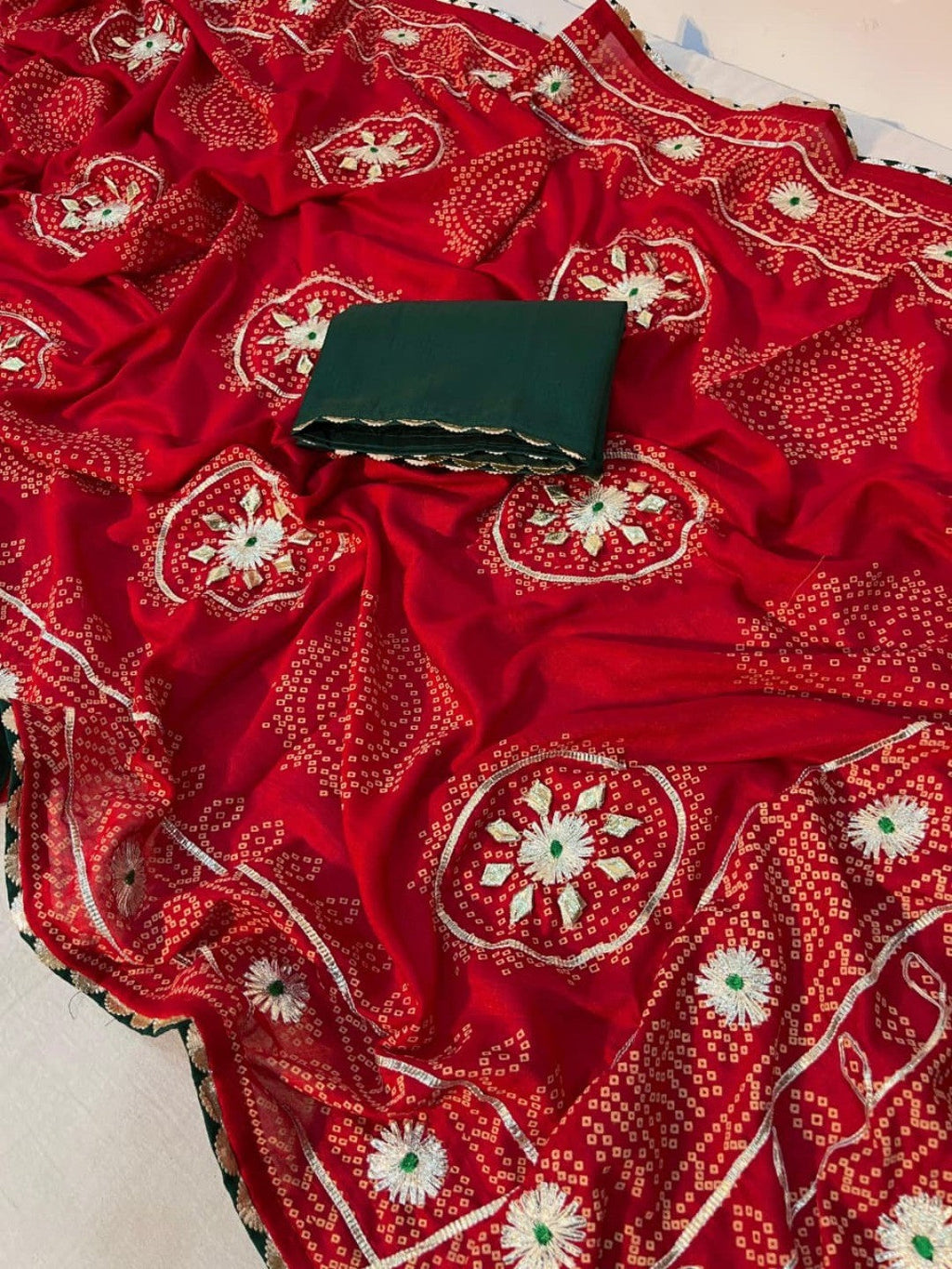 Red Vichitra Silk Saree with Bandhani Design and Gota Work Traditional Look