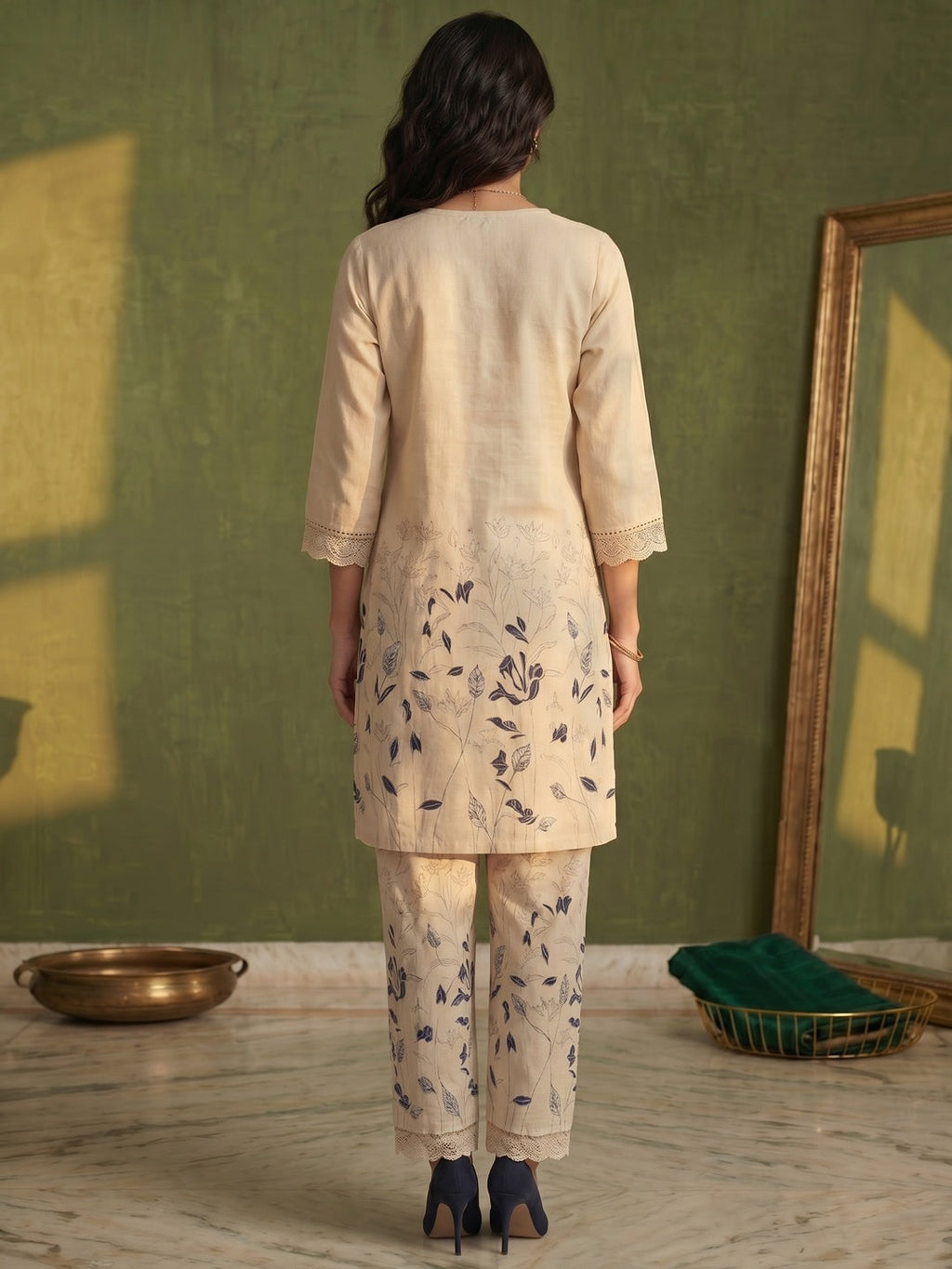 Cream Floral Printed Pure Cotton Straight Cut Top Bottom Set Elegant Look