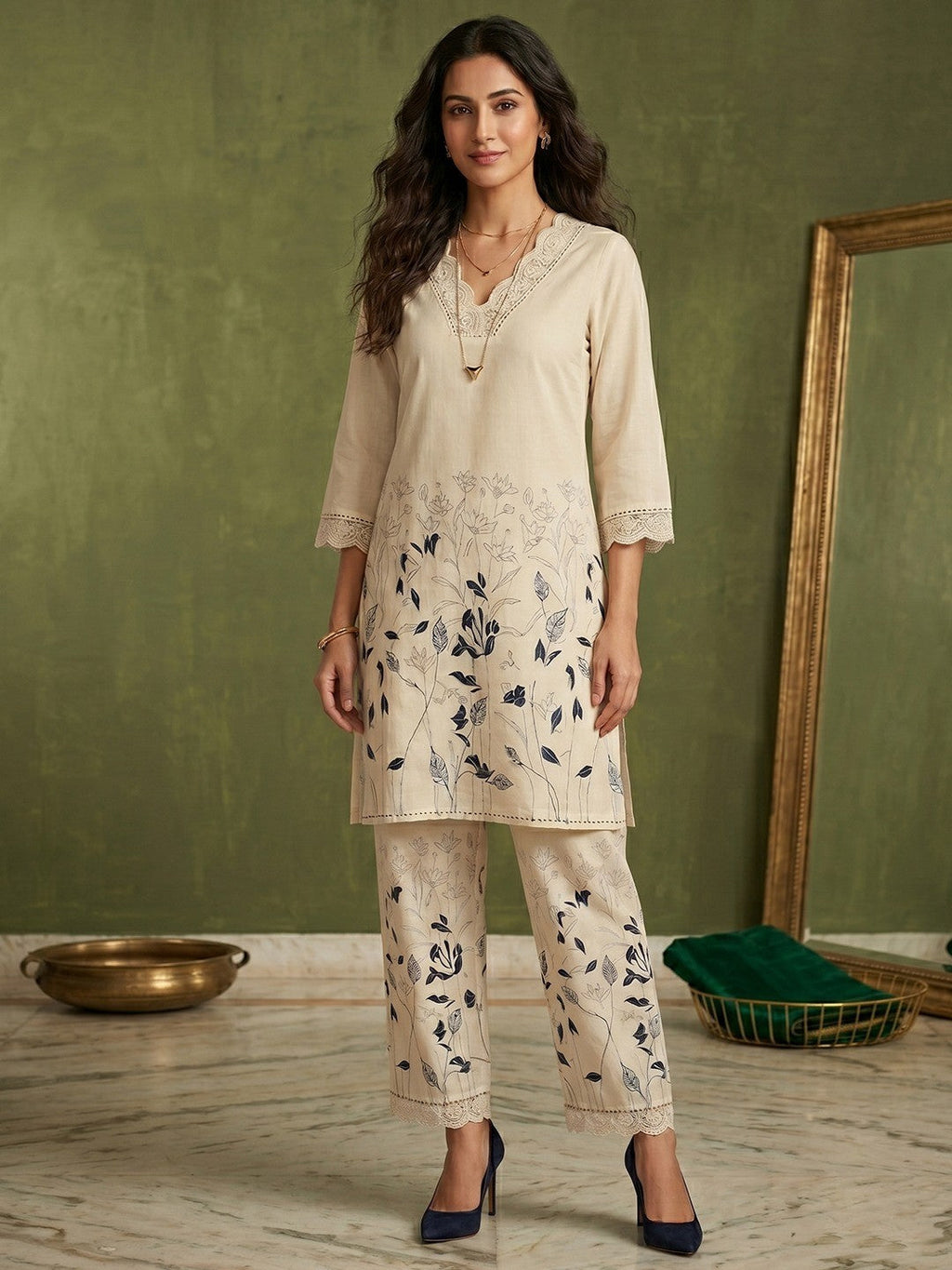 Cream Floral Printed Pure Cotton Straight Cut Top Bottom Set Elegant Look