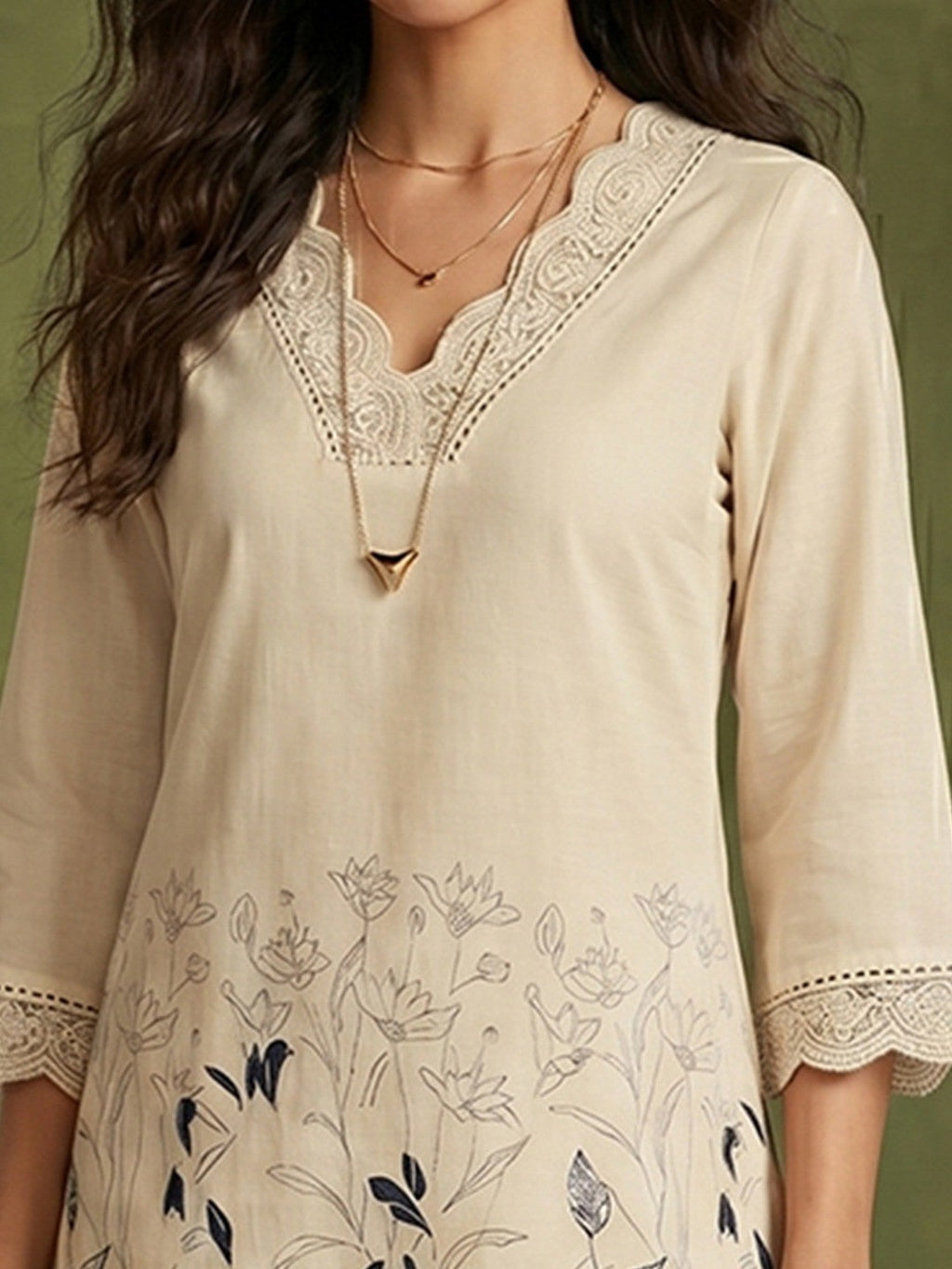 Cream Floral Printed Pure Cotton Straight Cut Top Bottom Set Elegant Look
