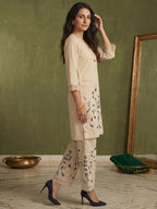 Cream Floral Printed Pure Cotton Straight Cut Top Bottom Set Elegant Look