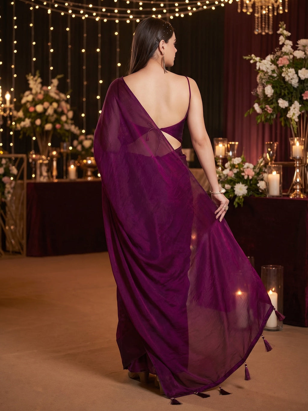 Elegant Magenta Solid Silk Blend Saree Crafted for Glamorous Party Wear