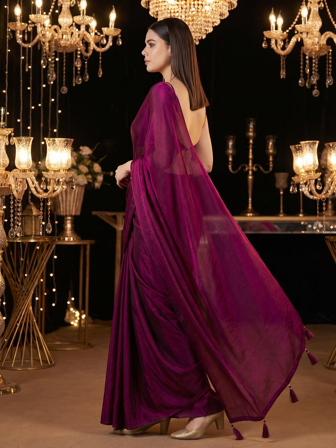Elegant Magenta Solid Silk Blend Saree Crafted for Glamorous Party Wear