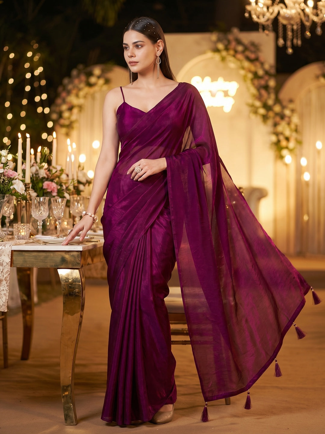 Elegant Magenta Solid Silk Blend Saree Crafted for Glamorous Party Wear
