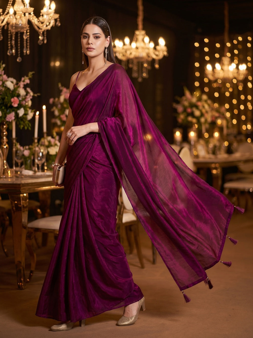 Elegant Magenta Solid Silk Blend Saree Crafted for Glamorous Party Wear