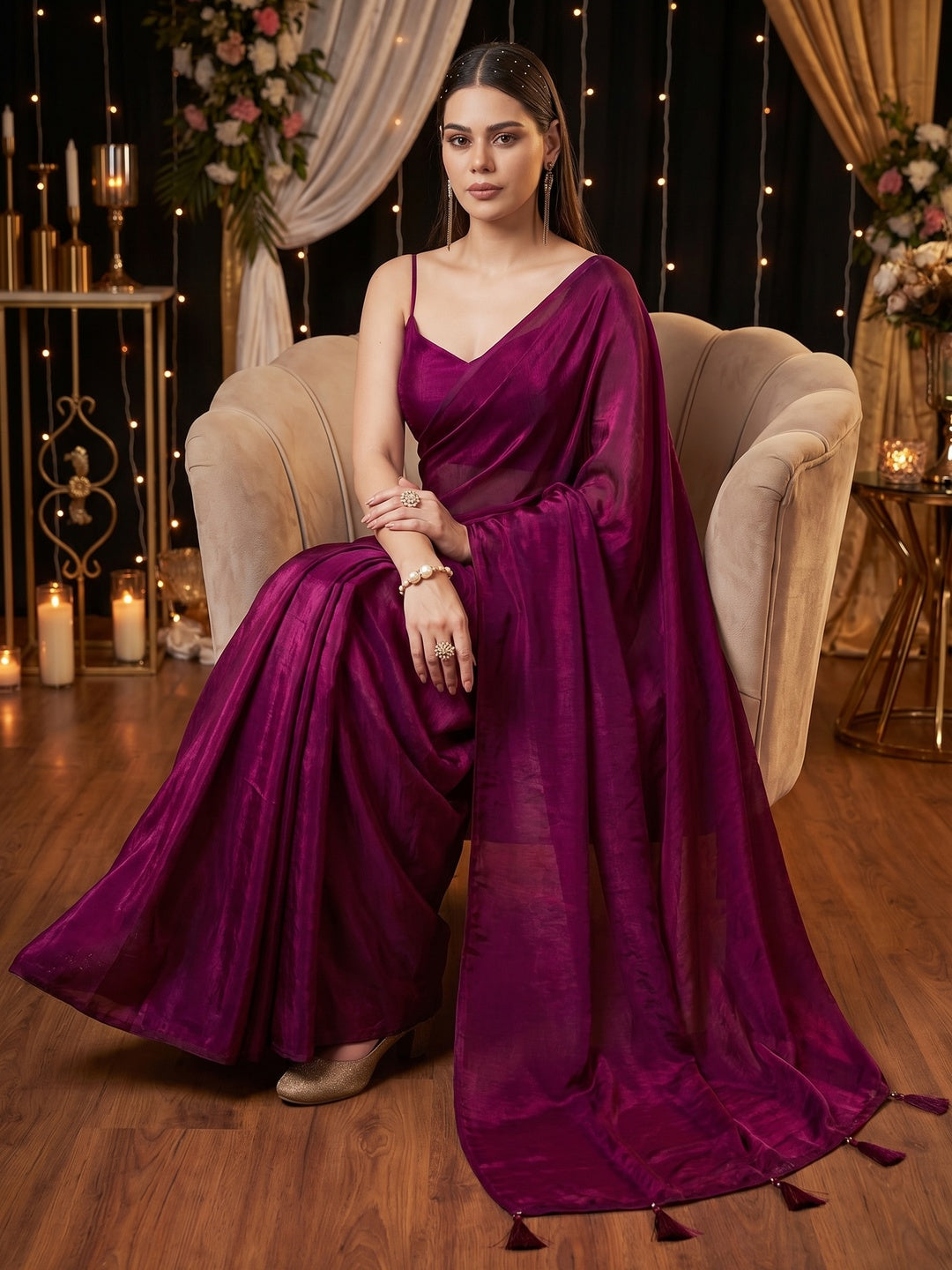 Elegant Magenta Solid Silk Blend Saree Crafted for Glamorous Party Wear