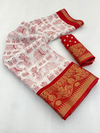 White Dola Silk Saree with Red Border Lightweight Festive Outfit