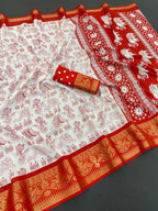 White Dola Silk Saree with Red Border Lightweight Festive Outfit