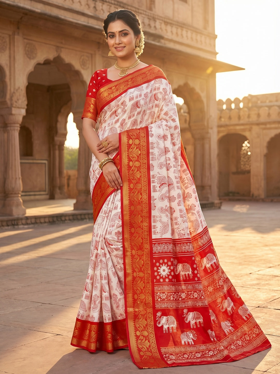 White Dola Silk Saree with Red Border Lightweight Festive Outfit