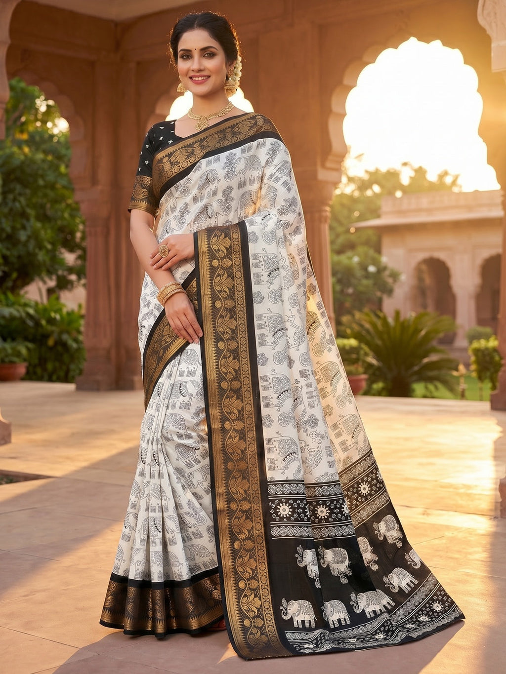 White Dola Silk Saree with Black Border Lightweight Festive Outfit