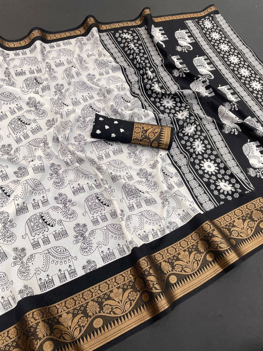 White Dola Silk Saree with Black Border Lightweight Festive Outfit
