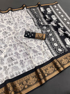 White Dola Silk Saree with Black Border Lightweight Festive Outfit