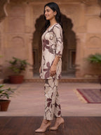 Beige and Purple Floral Printed Pure Cotton Top Bottom Set Elegant Look