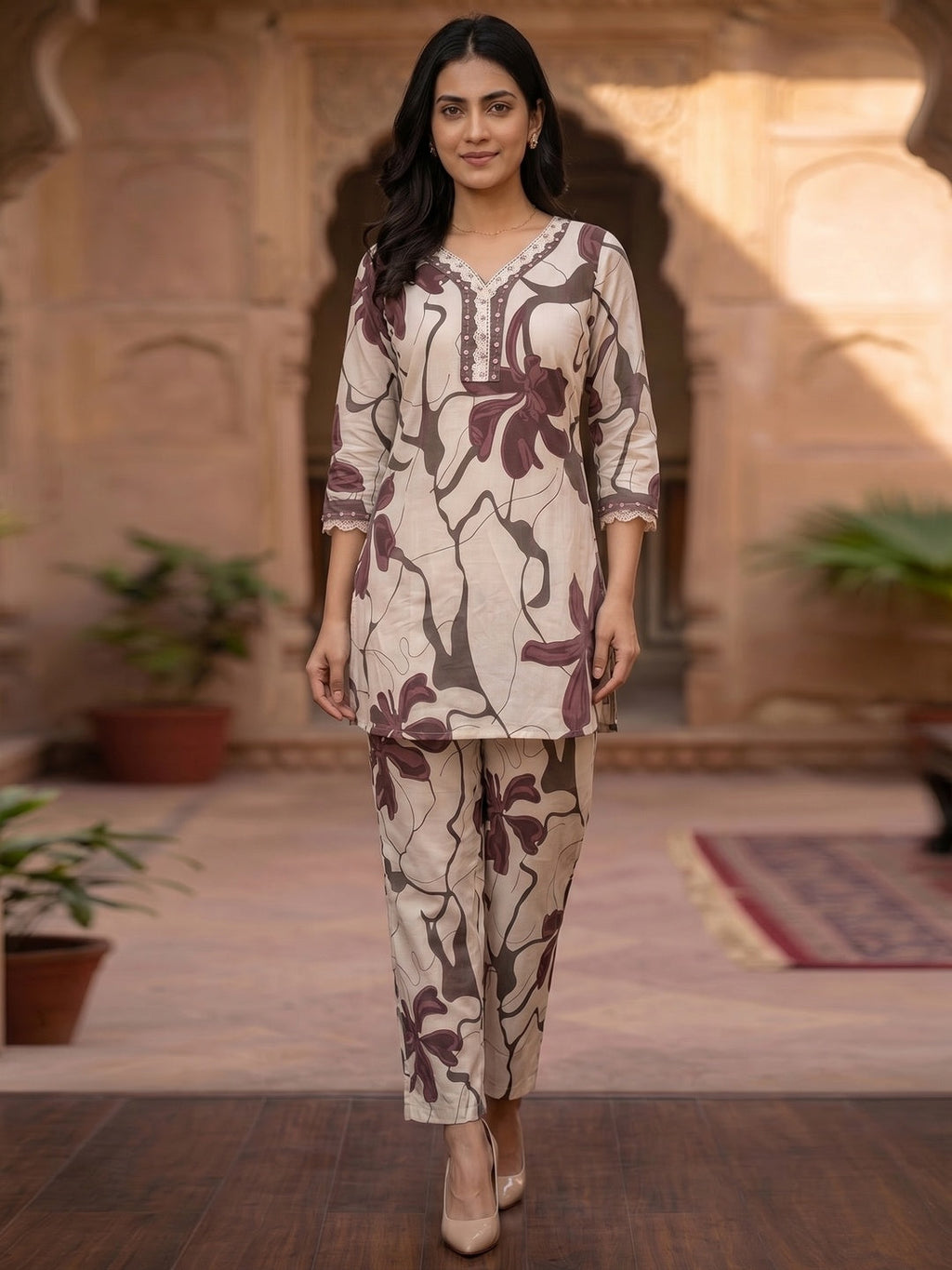Beige and Purple Floral Printed Pure Cotton Top Bottom Set Elegant Look