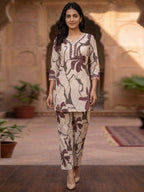 Beige and Purple Floral Printed Pure Cotton Top Bottom Set Elegant Look
