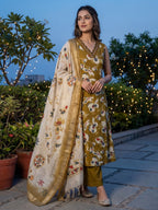 Olive Floral Printed Viscose Blend A-Line Salwar Suit with Dupatta