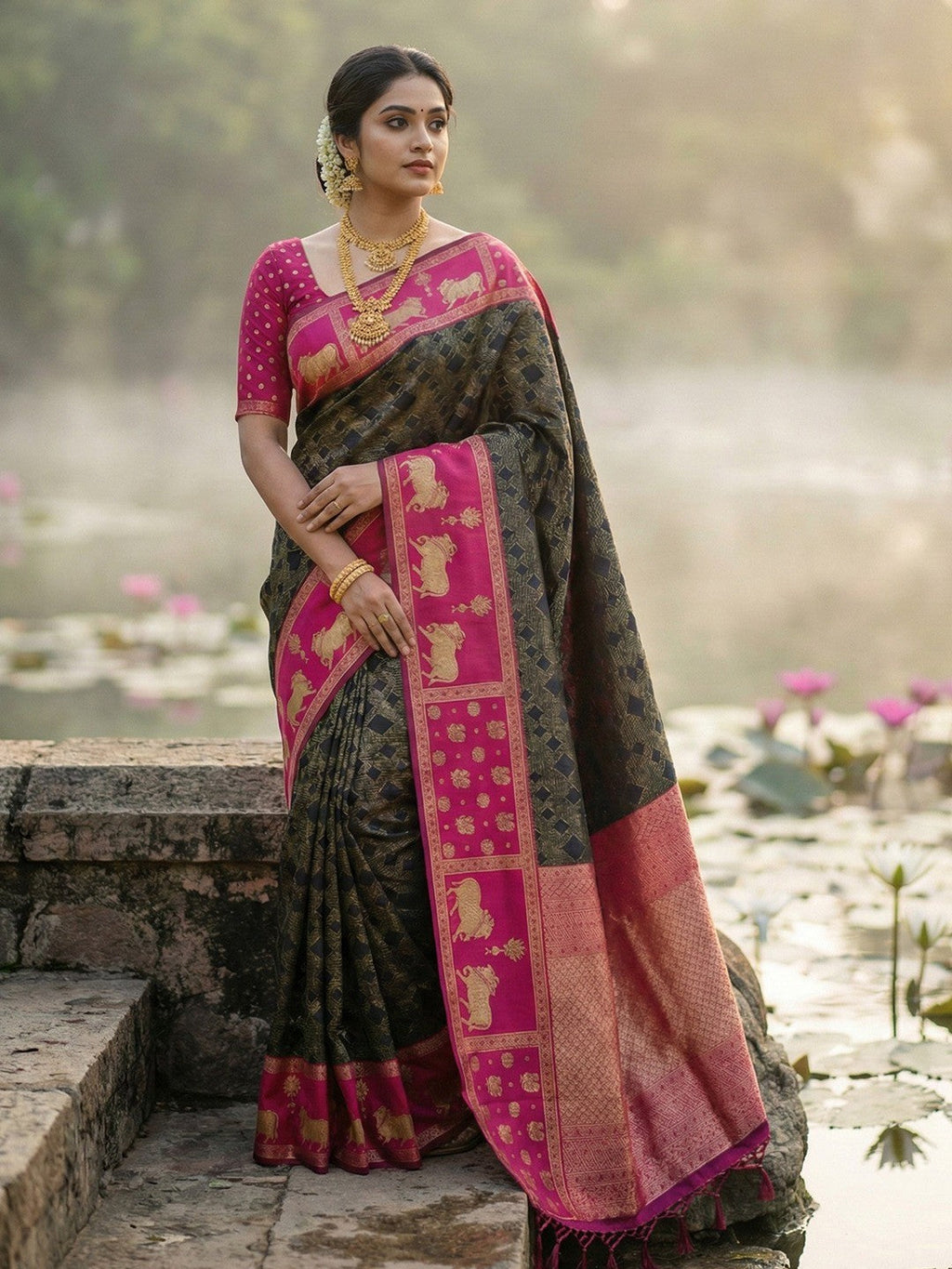 Classic Black Zari Woven Kanjivaram Silk Saree With Detailed Animal Motif Border & Tassel Pallu