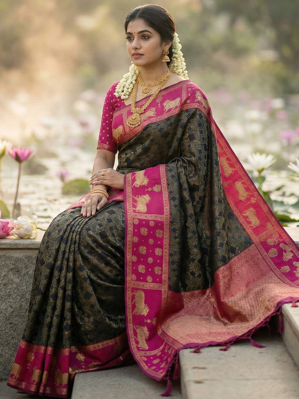 Classic Black Zari Woven Kanjivaram Silk Saree With Detailed Animal Motif Border & Tassel Pallu