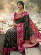 Classic Black Zari Woven Kanjivaram Silk Saree With Detailed Animal Motif Border & Tassel Pallu