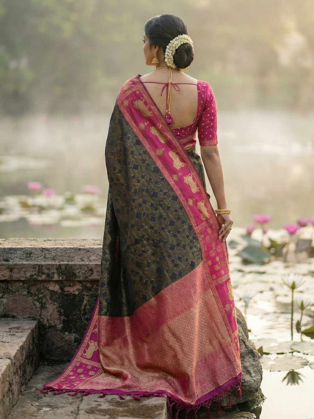 Classic Black Zari Woven Kanjivaram Silk Saree With Detailed Animal Motif Border & Tassel Pallu