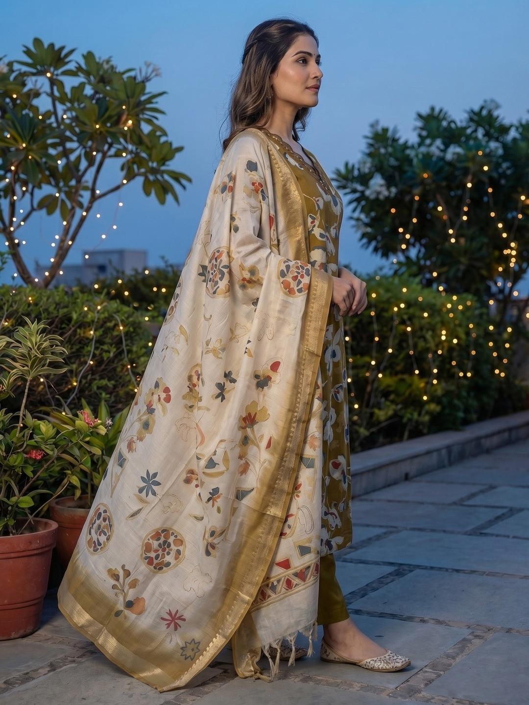 Olive Floral Printed Viscose Blend A-Line Salwar Suit with Dupatta