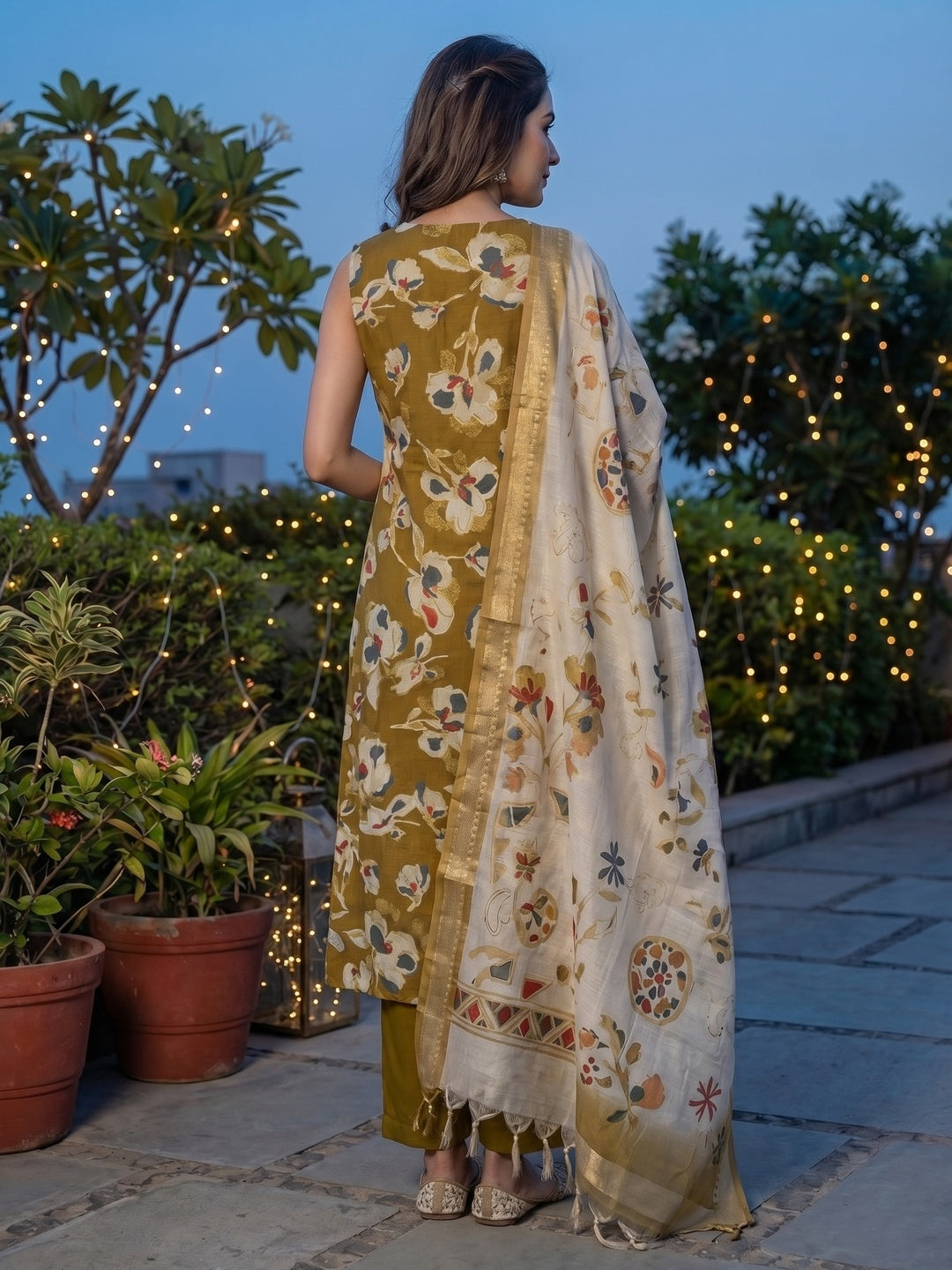 Olive Floral Printed Viscose Blend A-Line Salwar Suit with Dupatta