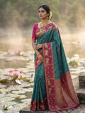 Teal Kanjivaram Silk Saree with Elephant Motif Border