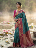 Teal Kanjivaram Silk Saree with Elephant Motif Border