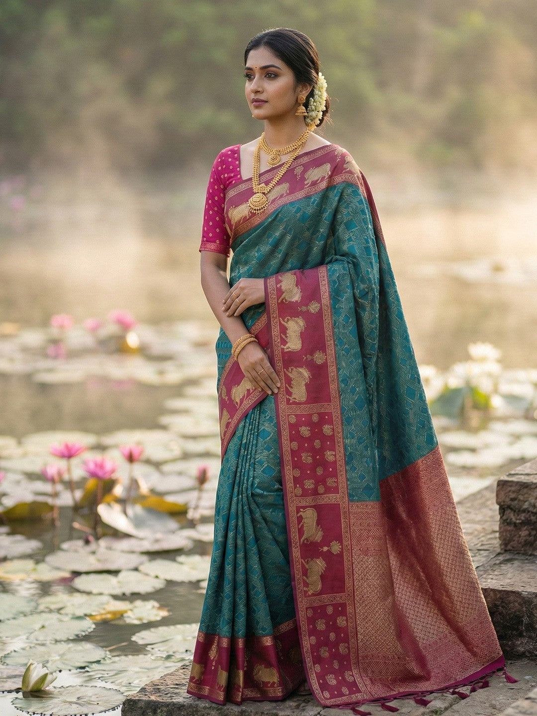 Teal Kanjivaram Silk Saree with Elephant Motif Border