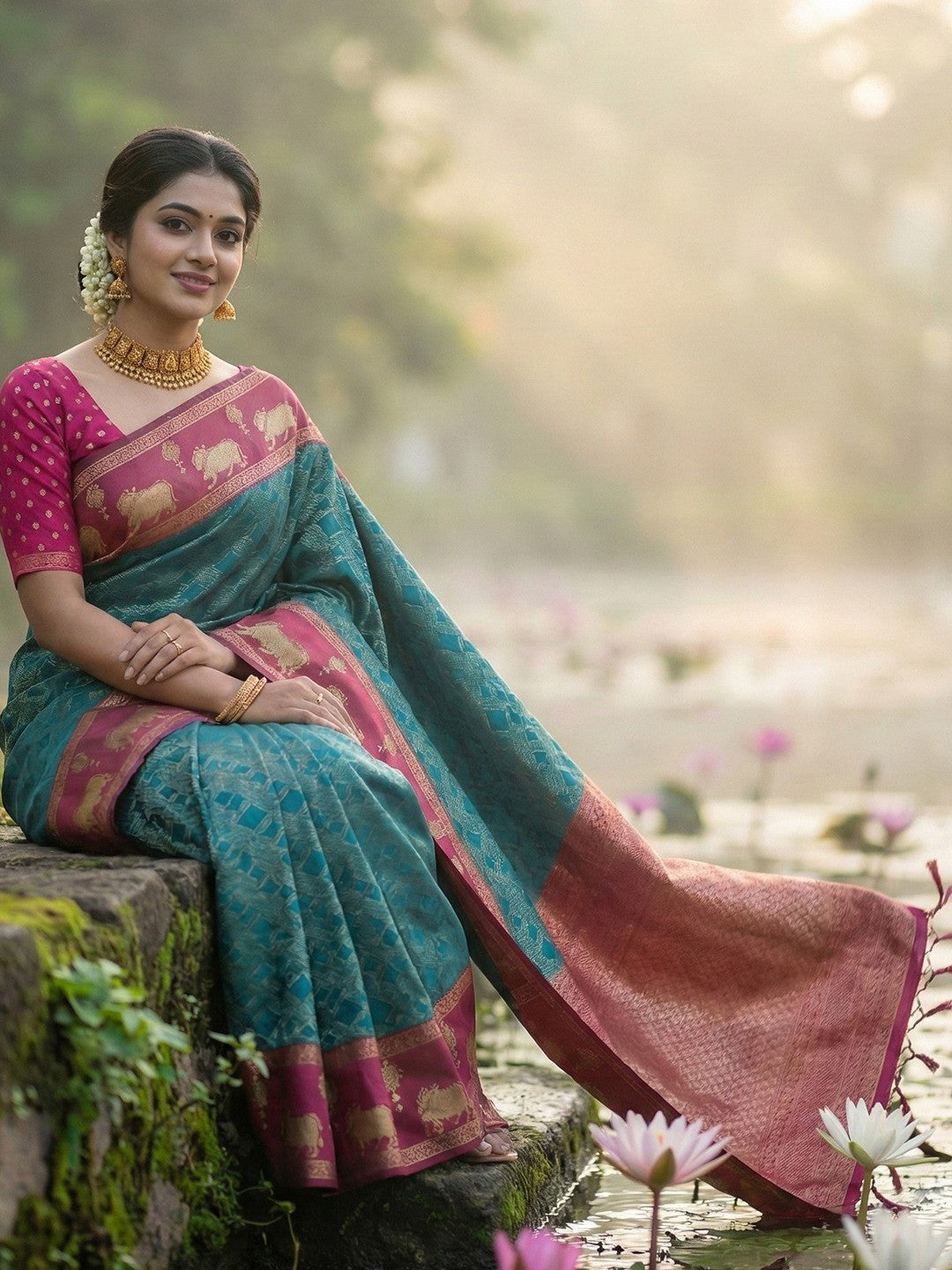 Teal Kanjivaram Silk Saree with Elephant Motif Border