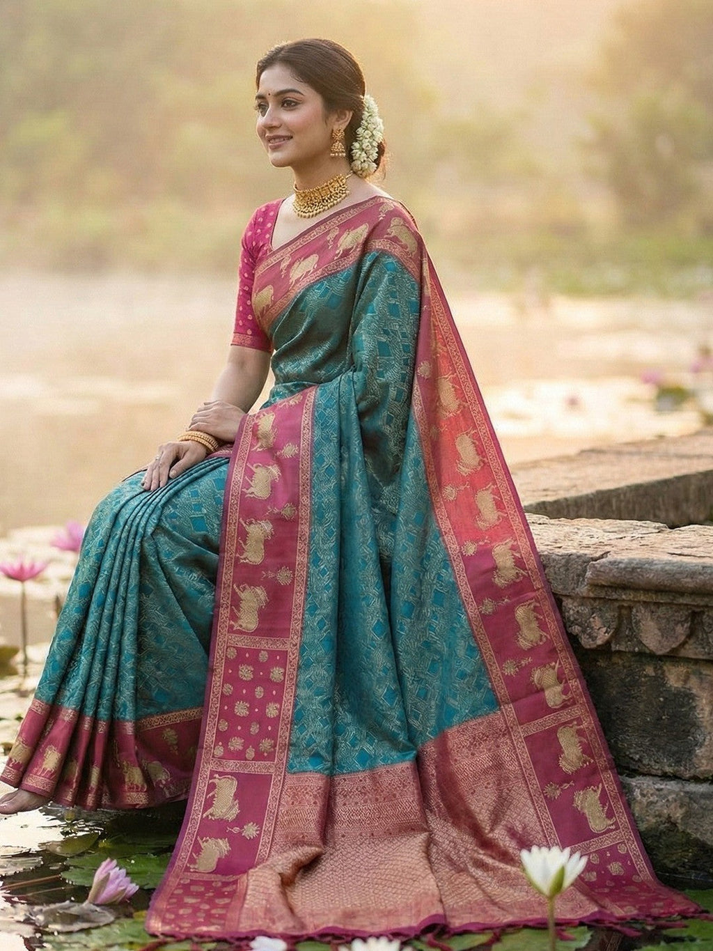 Teal Kanjivaram Silk Saree with Elephant Motif Border