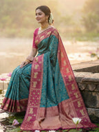 Teal Kanjivaram Silk Saree with Elephant Motif Border