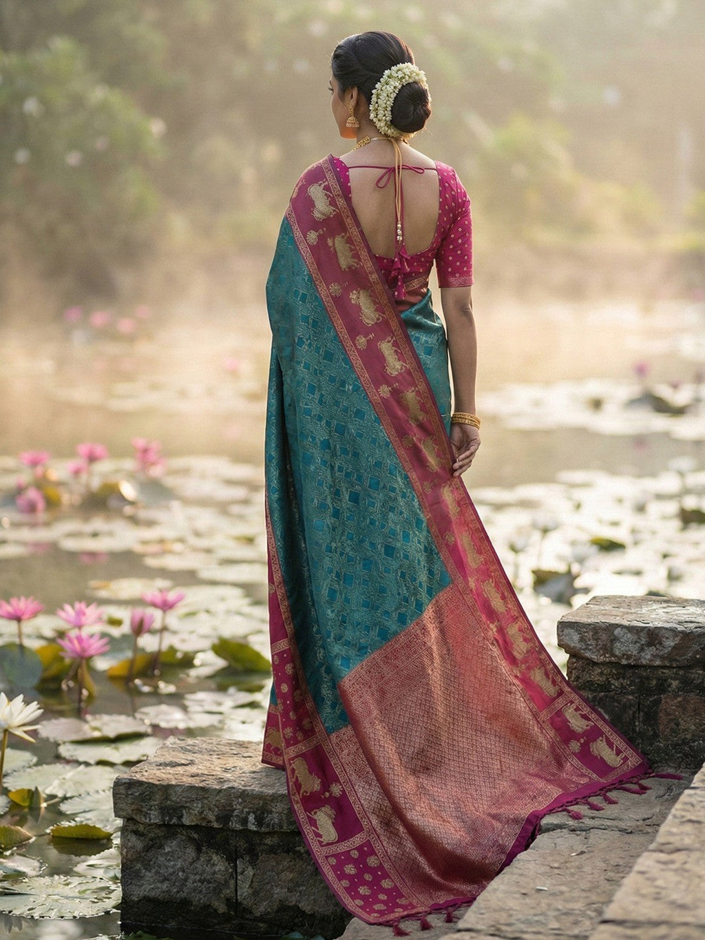 Teal Kanjivaram Silk Saree with Elephant Motif Border