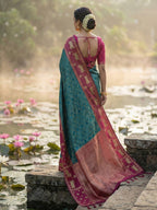 Teal Kanjivaram Silk Saree with Elephant Motif Border